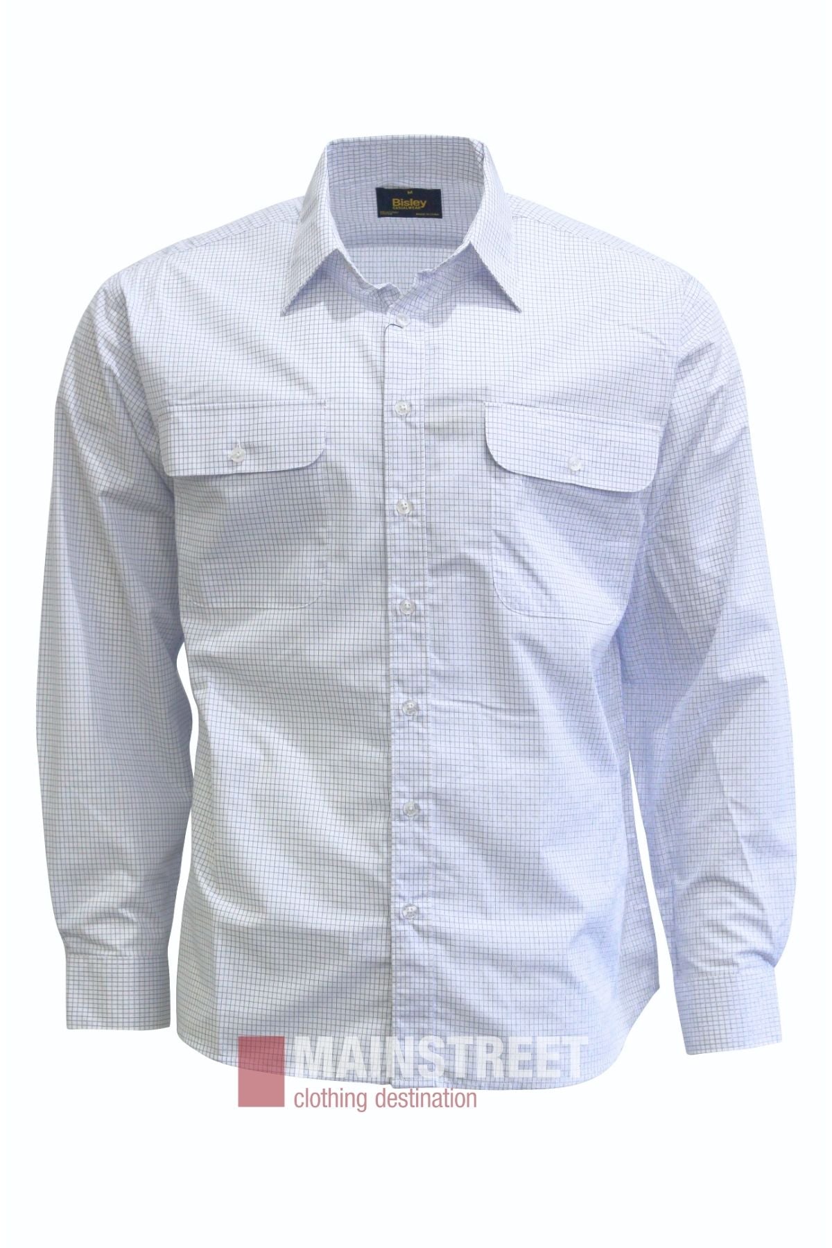 The Bisley Countryman Shirt is a long-sleeved, light blue checkered shirt with buttoned chest pockets and a pointed collar, neatly arranged and displayed on a white background.