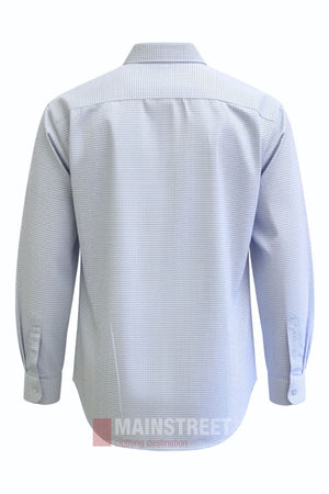 Back view of the Bisley Countryman Shirt, a long-sleeve light blue checkered shirt featuring a collar and buttoned cuffs, displayed against a white background. Classic style is highlighted by subtle buttoned chest pockets, with the “MAINSTREET” logo faintly visible at the bottom.