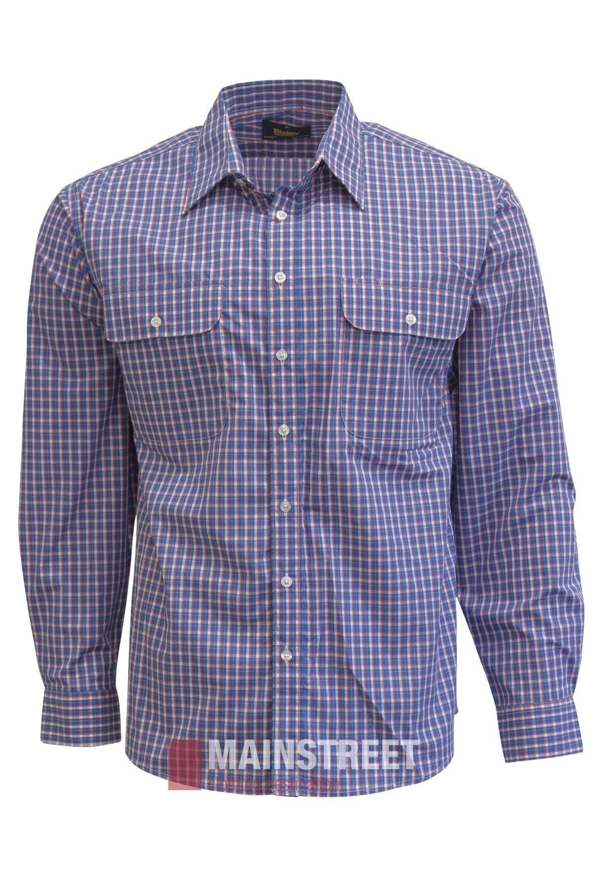 Bisley Countryman Shirt in a blue and white checkered pattern, featuring long sleeves, buttoned chest pockets, and white buttons, shown on a white background.