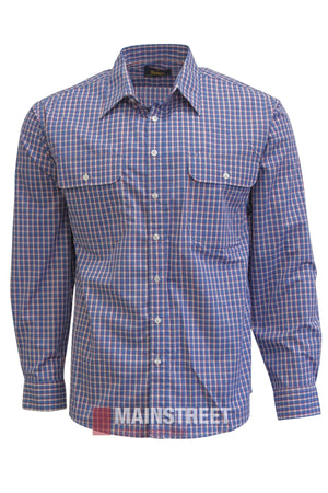 Bisley Countryman Shirt in a blue and white checkered pattern, featuring long sleeves, buttoned chest pockets, and white buttons, shown on a white background.