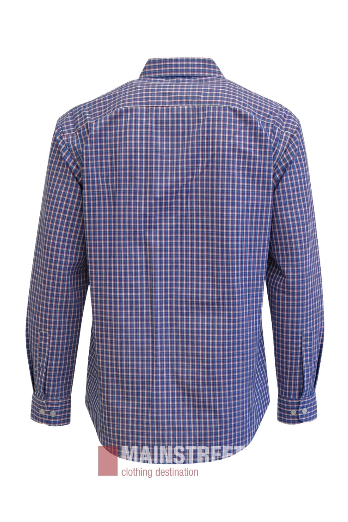 The Bisley Countryman Shirt is displayed from the back, featuring long sleeves, a collar, buttoned cuffs, and classic buttoned chest pockets. The shirt showcases a blue, white, and red plaid pattern with a button-up front.