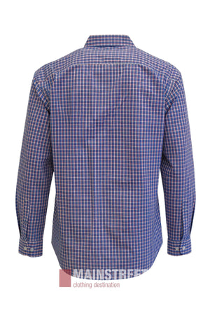 The Bisley Countryman Shirt is displayed from the back, featuring long sleeves, a collar, buttoned cuffs, and classic buttoned chest pockets. The shirt showcases a blue, white, and red plaid pattern with a button-up front.