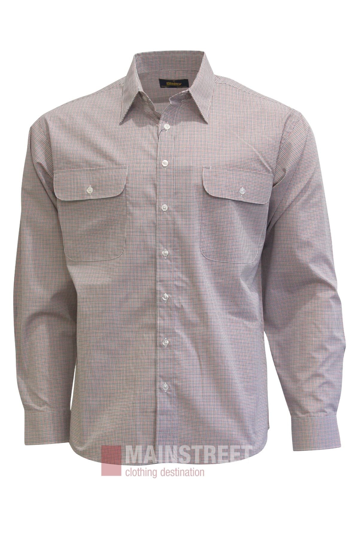 The Bisley Countryman Shirt is a long-sleeve, button-up work shirt featuring a small checkered pattern, two chest pockets with button flaps, and a collar. This classic shirt is displayed on a plain white background.