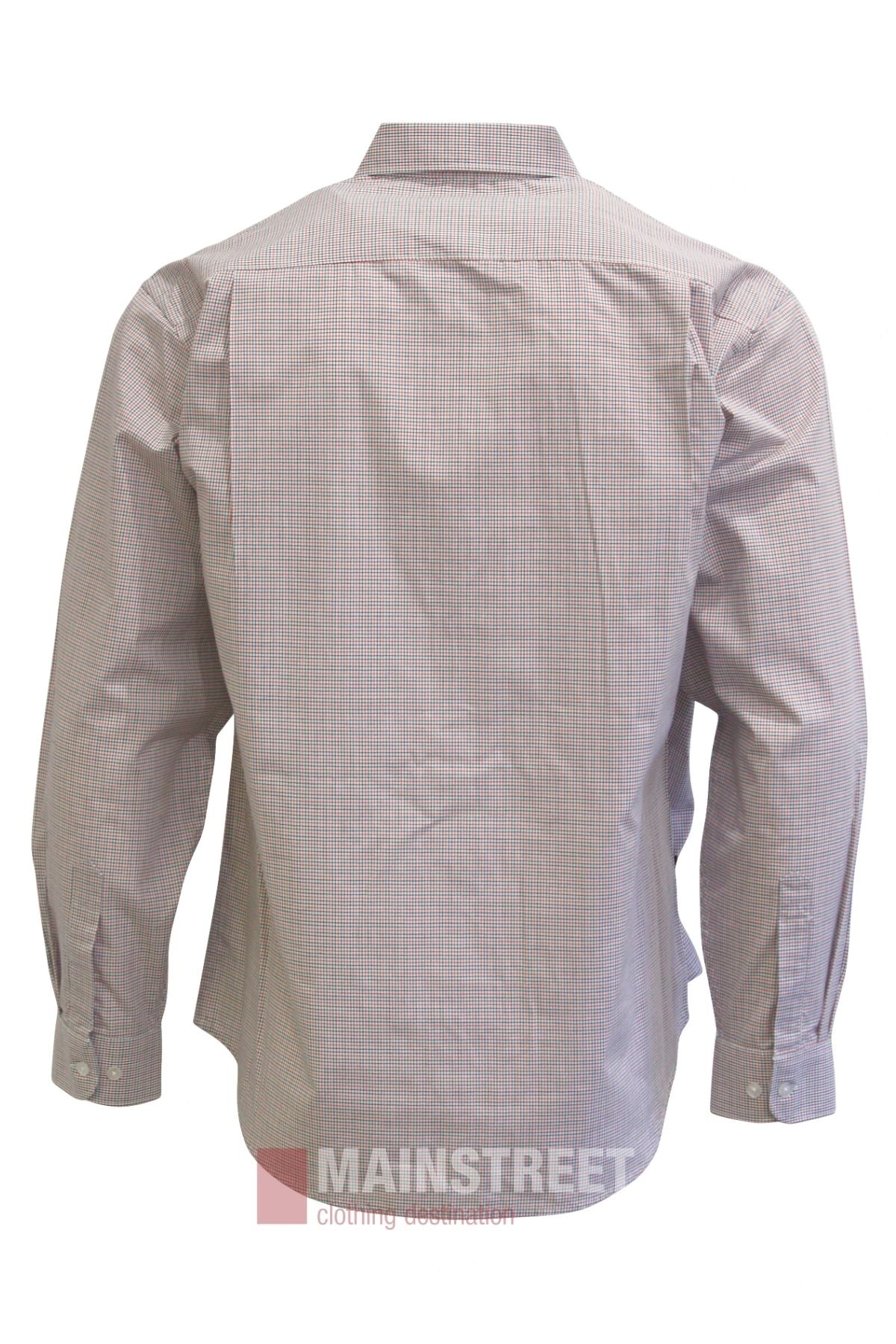A long-sleeved, button-up, light-colored checkered Bisley Countryman Shirt is shown from the back with the cuffs buttoned. “Mainstreet Clothing Co.” logo is at the bottom of the image.
