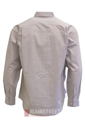 A long-sleeved, button-up, light-colored checkered Bisley Countryman Shirt is shown from the back with the cuffs buttoned. “Mainstreet Clothing Co.” logo is at the bottom of the image.