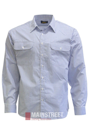 Blue and white checkered long-sleeve button-up Bisley Countryman Shirt with buttoned chest pockets, displayed on a white background. The shirt appears unworn and neatly presented, with “MAINSTREET” branding partially visible at the bottom.