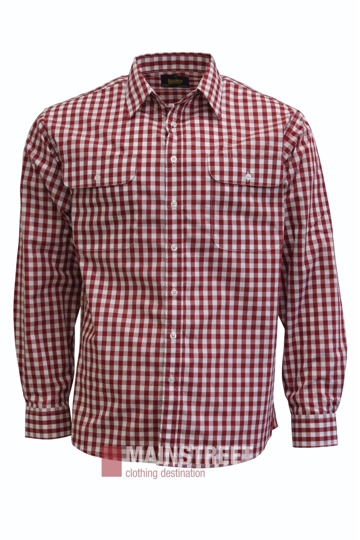 Bisley Countryman Shirt in a red and white checkered pattern, long-sleeve button-up design with two front chest pockets, shown against a plain white background.