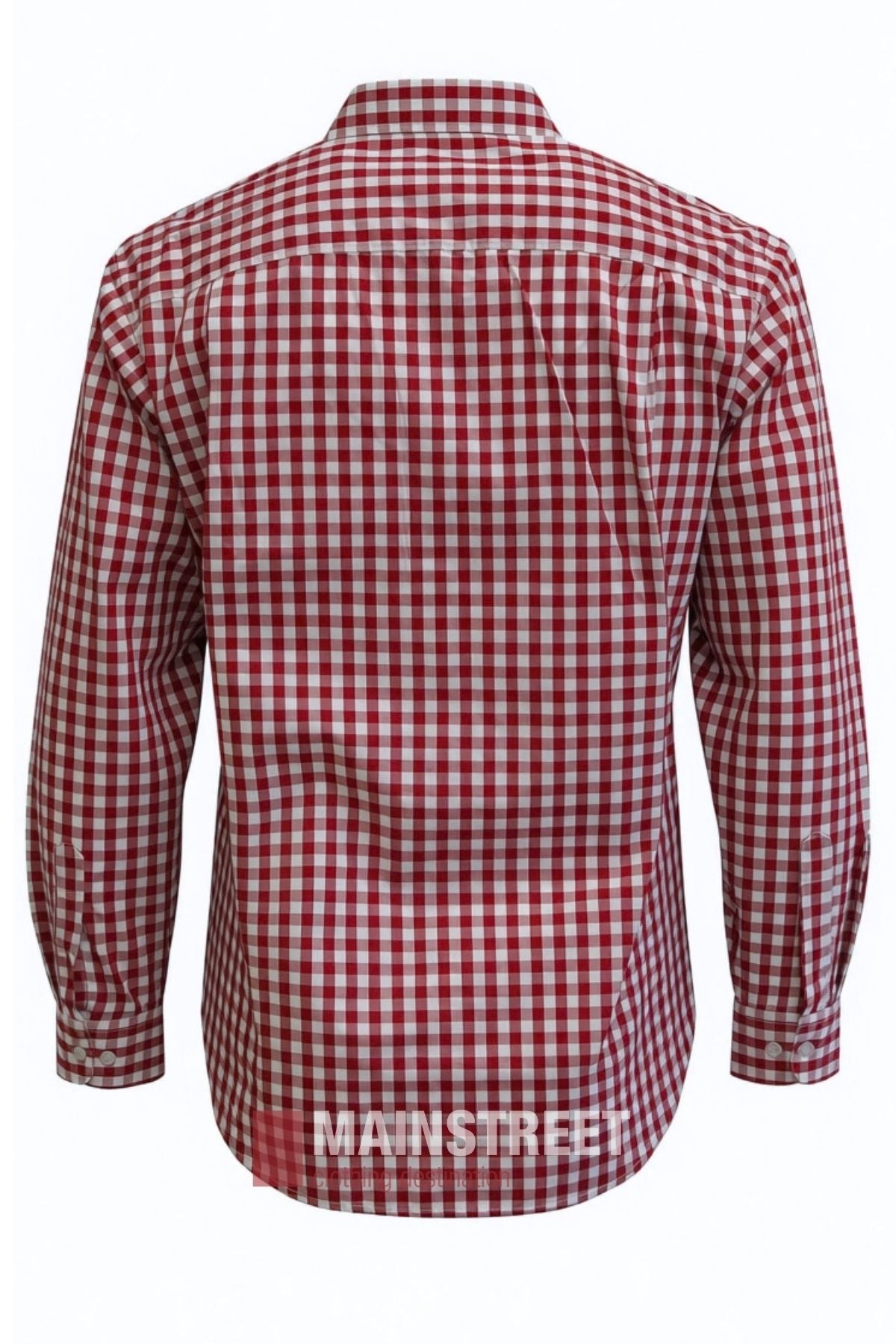 Back view of the Bisley Countryman Shirt in a red and white checkered pattern with long sleeves, displayed against a white background.