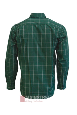 The Bisley Countryman Shirt is shown from the back in green, featuring a long-sleeve button-up design with a white grid pattern. This shirt includes a collar, buttoned cuffs, and practical buttoned chest pockets.
