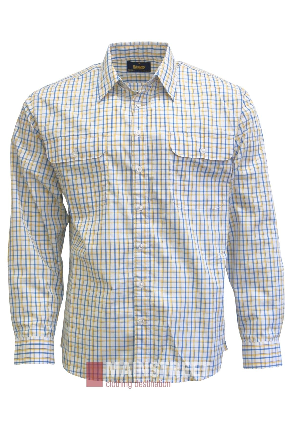 The Bisley Countryman Shirt is a long-sleeve button-up shirt with a blue, yellow, and white checkered pattern, featuring two buttoned chest pockets and a classic collar.