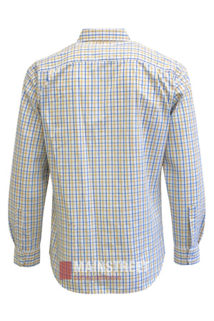 Back view of the Bisley Countryman Shirt, a long-sleeve button-up featuring a yellow, blue, and white checkered design. This shirt is styled with a classic collar, buttoned cuffs, and the brand’s signature buttoned chest pockets for extra practicality.