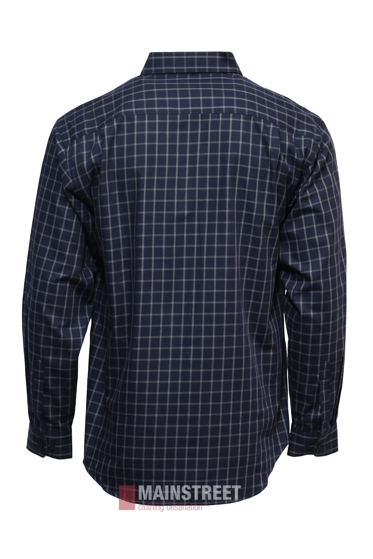 The Bisley Countryman Cotton Shirt is shown from the back, featuring navy blue cotton fabric with a white checkered pattern, long sleeves, and button-up design, displayed against a plain white background.