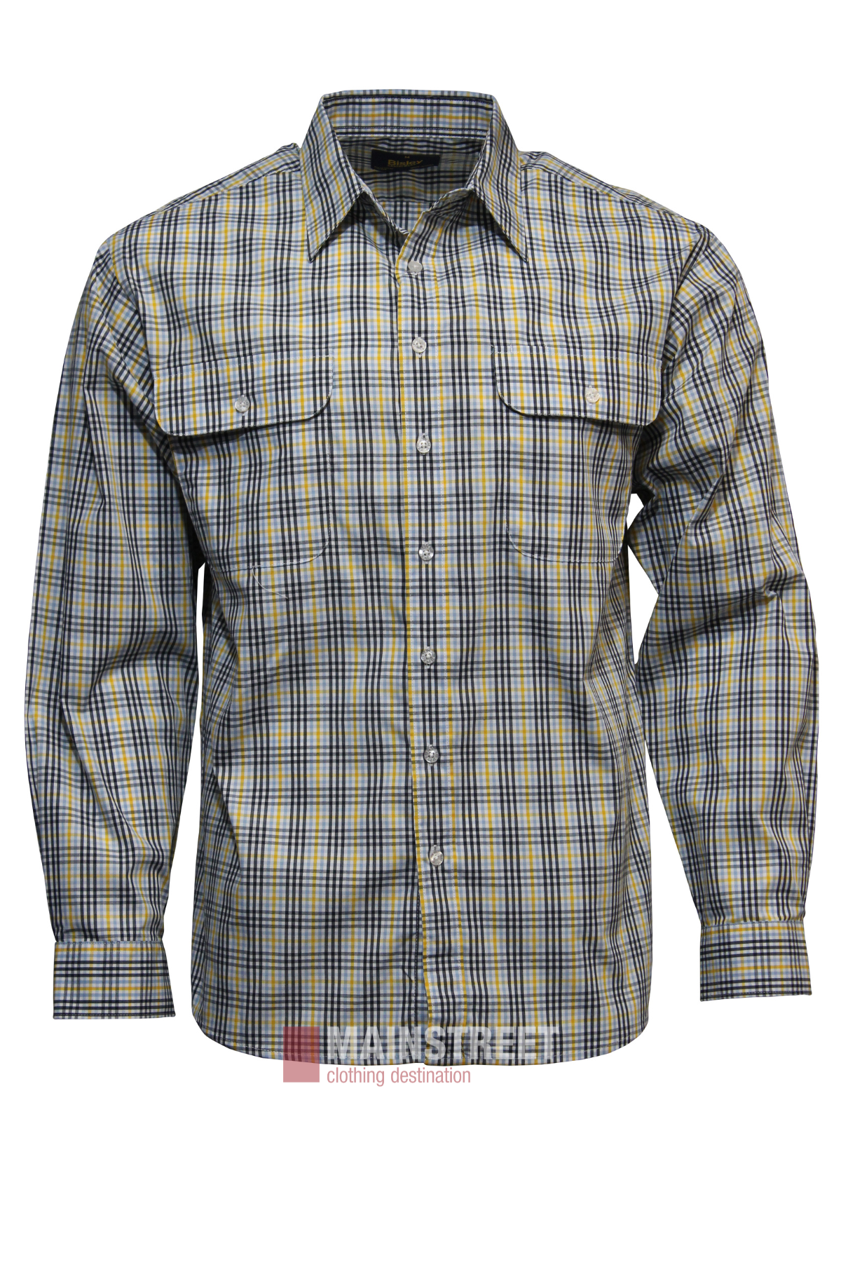 The Bisley Countryman Shirt is a long-sleeved plaid polyester-cotton shirt in blue, yellow, and white checks, featuring two chest pockets with flaps. Shown on a plain white background.