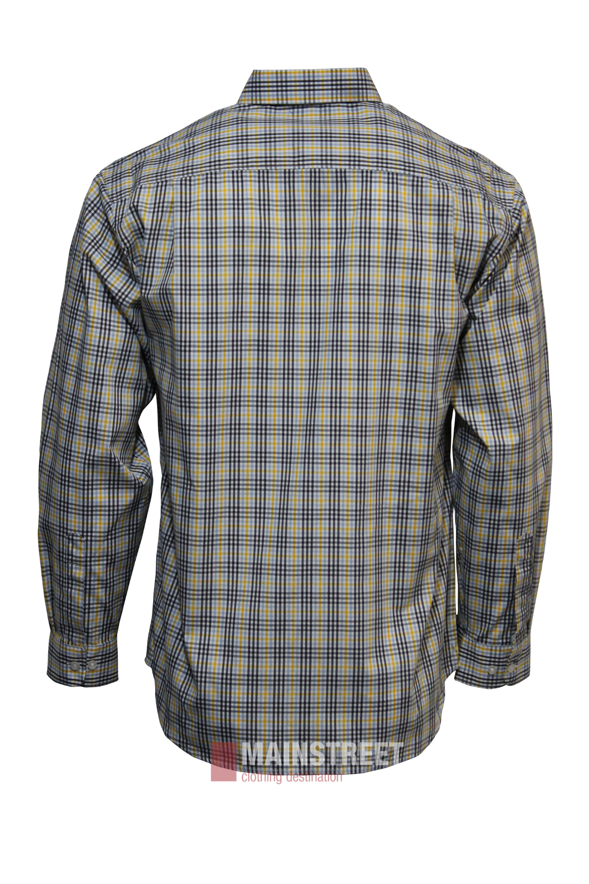 The Bisley Countryman Shirt is a neatly pressed, long-sleeve button-up with a classic collar and cuffs, made from polyester cotton in a yellow, blue, and gray checkered pattern, shown from the back.