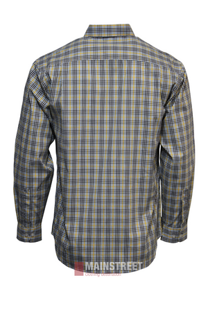 The Bisley Countryman Shirt is a neatly pressed, long-sleeve button-up with a classic collar and cuffs, made from polyester cotton in a yellow, blue, and gray checkered pattern, shown from the back.
