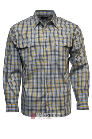 The Bisley Countryman Shirt is a long-sleeved plaid polyester-cotton shirt in blue, yellow, and white checks, featuring two chest pockets with flaps. Shown on a plain white background.