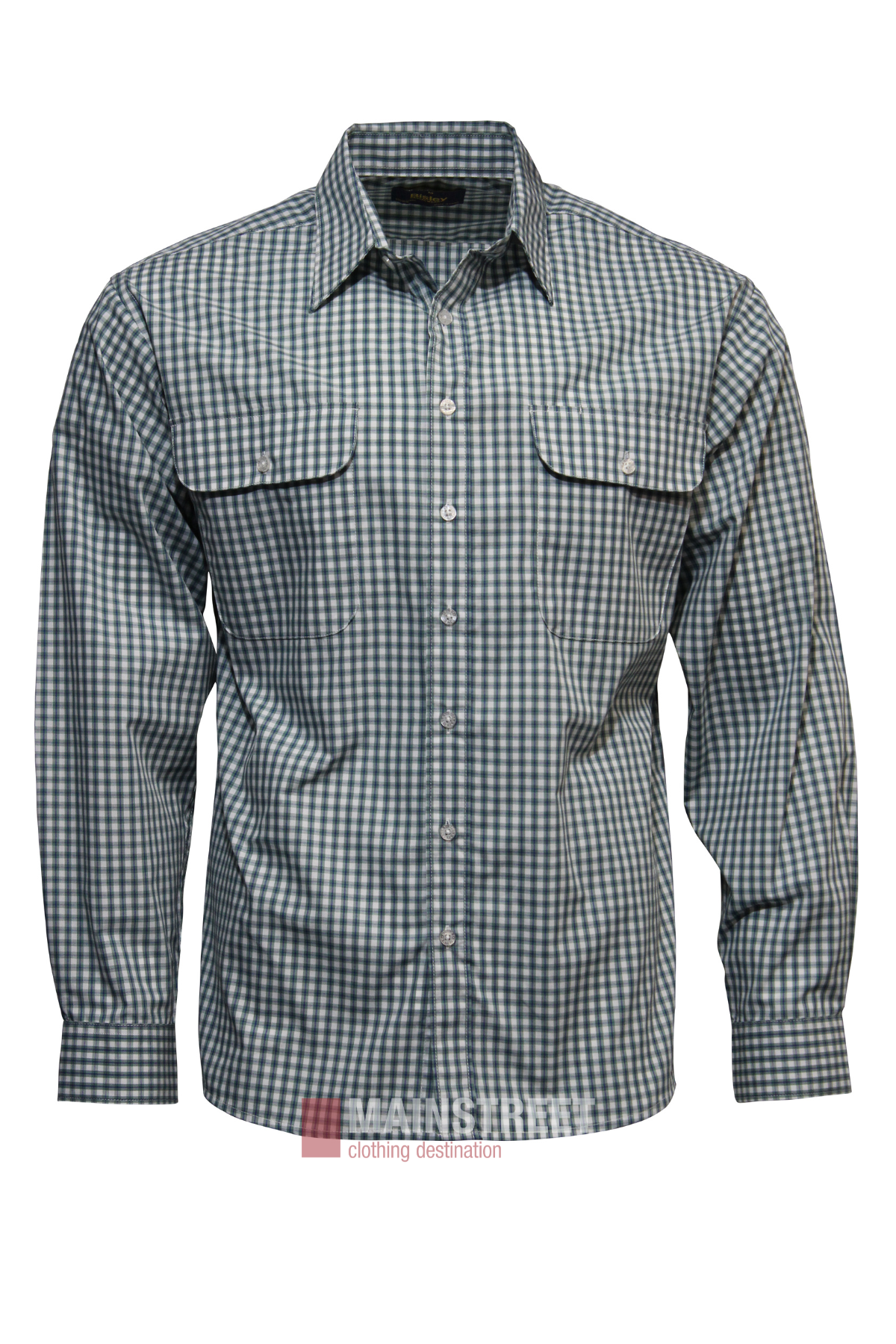 The Bisley Countryman Shirt is a durable polyester/cotton, long-sleeve blue and white check button-up with two chest pockets, buttoned flaps, and a collar, shown on a plain white background.