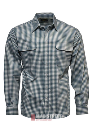 The Bisley Countryman Shirt is a durable polyester/cotton, long-sleeve blue and white check button-up with two chest pockets, buttoned flaps, and a collar, shown on a plain white background.