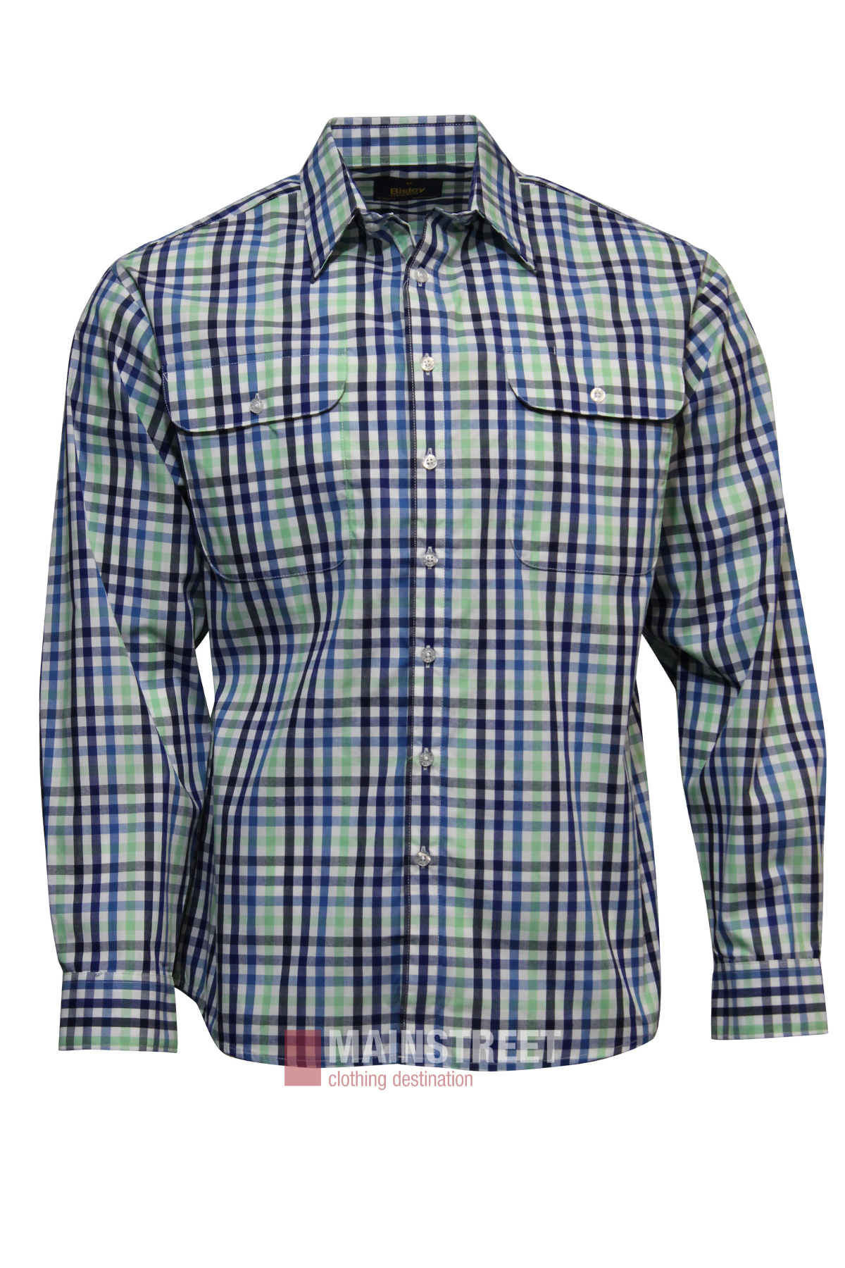 The Bisley Countryman Shirt is a durable long-sleeve button-up made from polyester/cotton, featuring a blue, green, and white plaid pattern with two chest pockets with flaps and buttons.