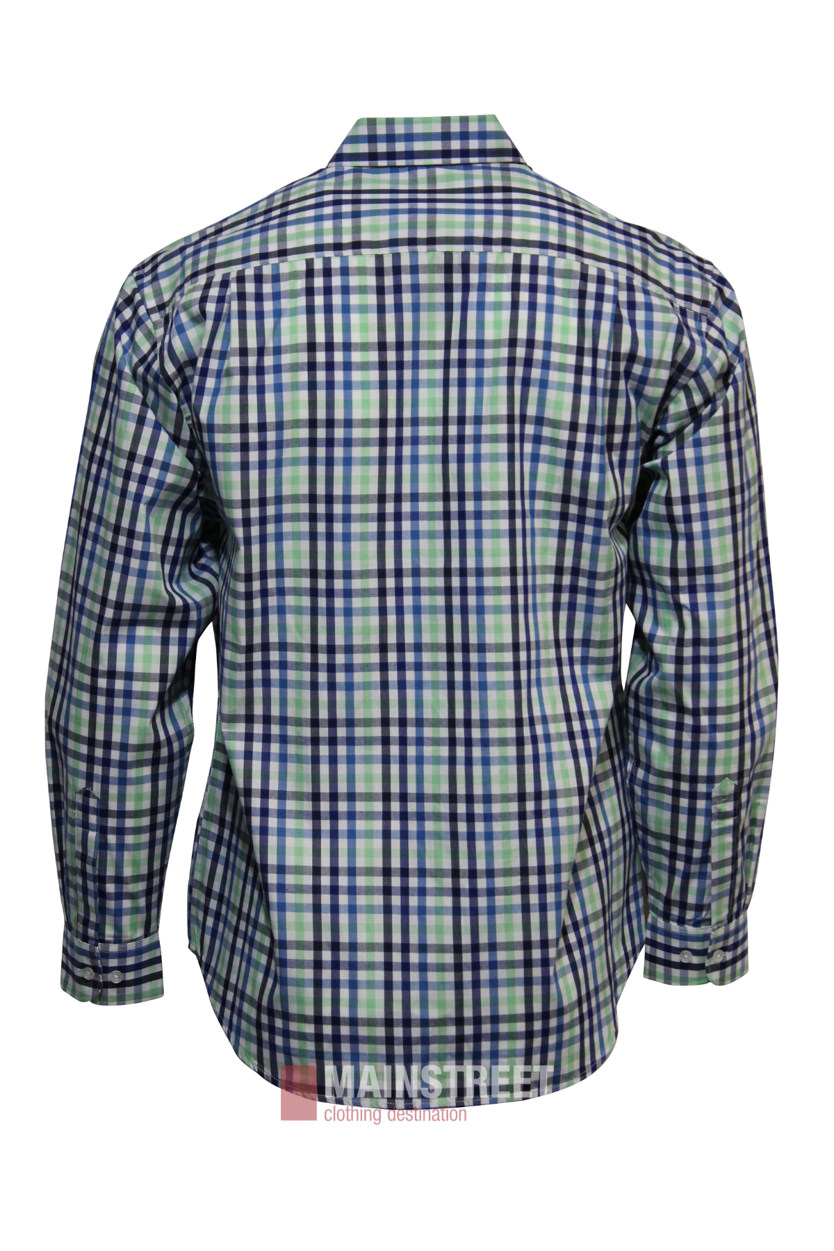 The Bisley Countryman Shirt is a long-sleeve button-up made from a durable polyester/cotton blend, featuring a green, blue, and white plaid pattern. Shown from the back.