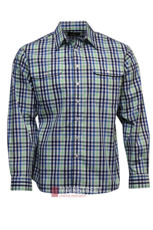 The Bisley Countryman Shirt is a durable long-sleeve button-up made from polyester/cotton, featuring a blue, green, and white plaid pattern with two chest pockets with flaps and buttons.
