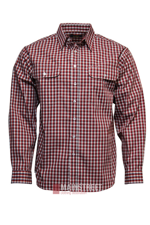 The Bisley Countryman Shirt offers a durable polyester-cotton blend with a red, white, and black check pattern. It features long sleeves, a pointed collar, and two chest pockets with button flaps for classic style and practicality.