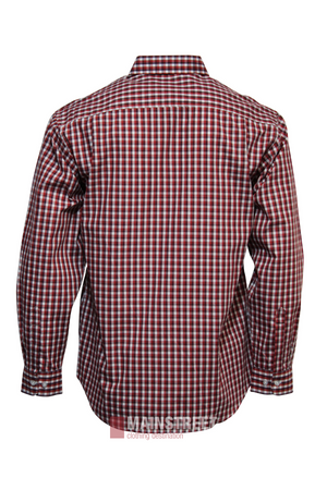 The Bisley Countryman Shirt is a long-sleeve, button-down made from durable polyester-cotton in a red, white, and black check pattern. It’s displayed from the back with collar and cuffs visible against a white background.