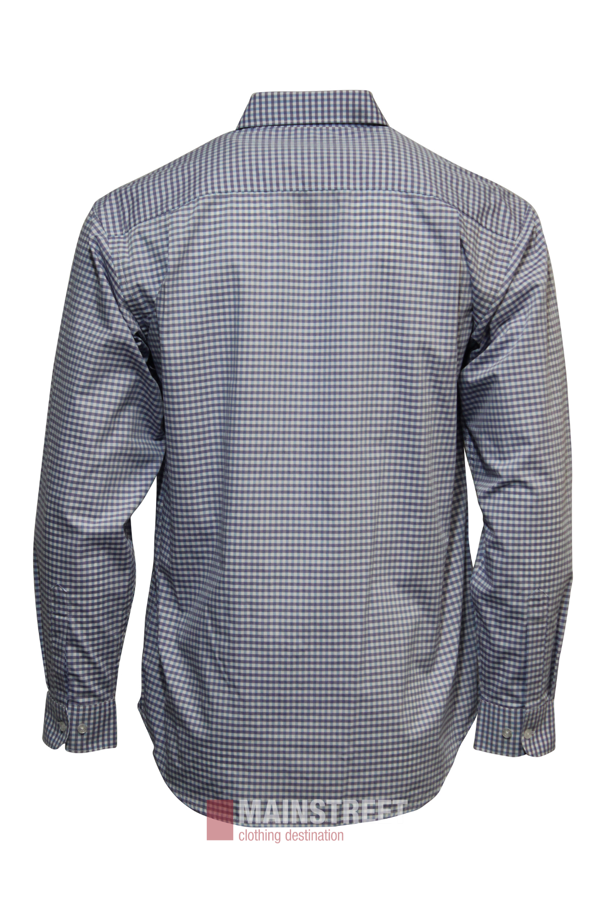 The image displays the back view of a long-sleeved, button-up Bisley Countryman Shirt made from polyester cotton with a small blue and white check pattern, neatly pressed with buttoned cuffs and the "MAINSTREET" logo at the bottom.