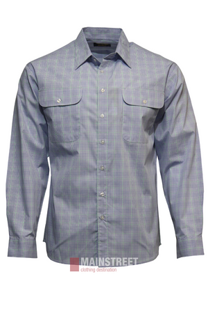 The Bisley Countryman Shirt is a long-sleeved, button-up shirt in blue and green plaid, made from a durable polyester/cotton blend with two chest pockets, shown on a plain white background.