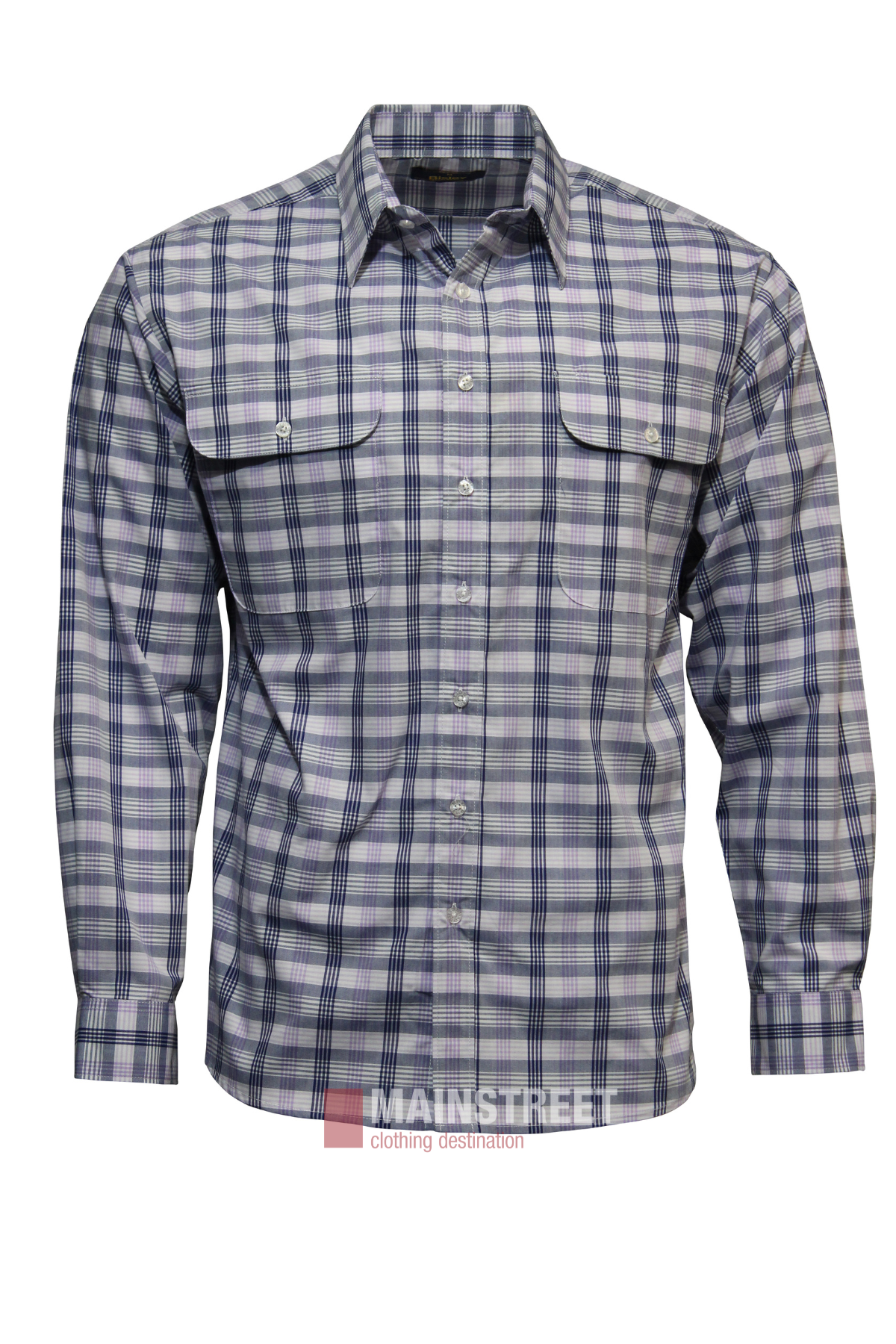 The Bisley Countryman Shirt is a long-sleeve, button-up plaid shirt in blue, gray, and white, featuring two chest pockets with button flaps. Made from a durable polyester/cotton blend for comfort and lasting wear.