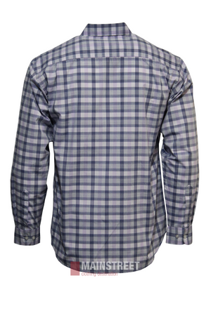 Back view of the Bisley Countryman Shirt, a long-sleeve blue, green, and white plaid shirt made from a comfortable polyester/cotton blend with button cuffs, displayed on a plain white background.