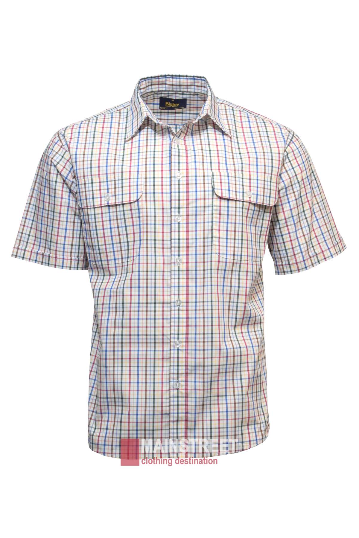 The Bisley Countryman Short Sleeve Shirt is a short-sleeved, button-up shirt that features a pointed collar and a plaid pattern in white, red, blue, and yellow. It includes two buttoned chest pockets and offers a relaxed, casual fit. The brand name is displayed on a tag near the collar.