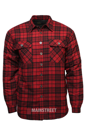 The Bisley Quilted Flannelette Shirt features a red and black plaid pattern, long sleeves, button-down front, and two chest pockets with button flaps. A "MAINSTREET" watermark is visible at the bottom of the image.