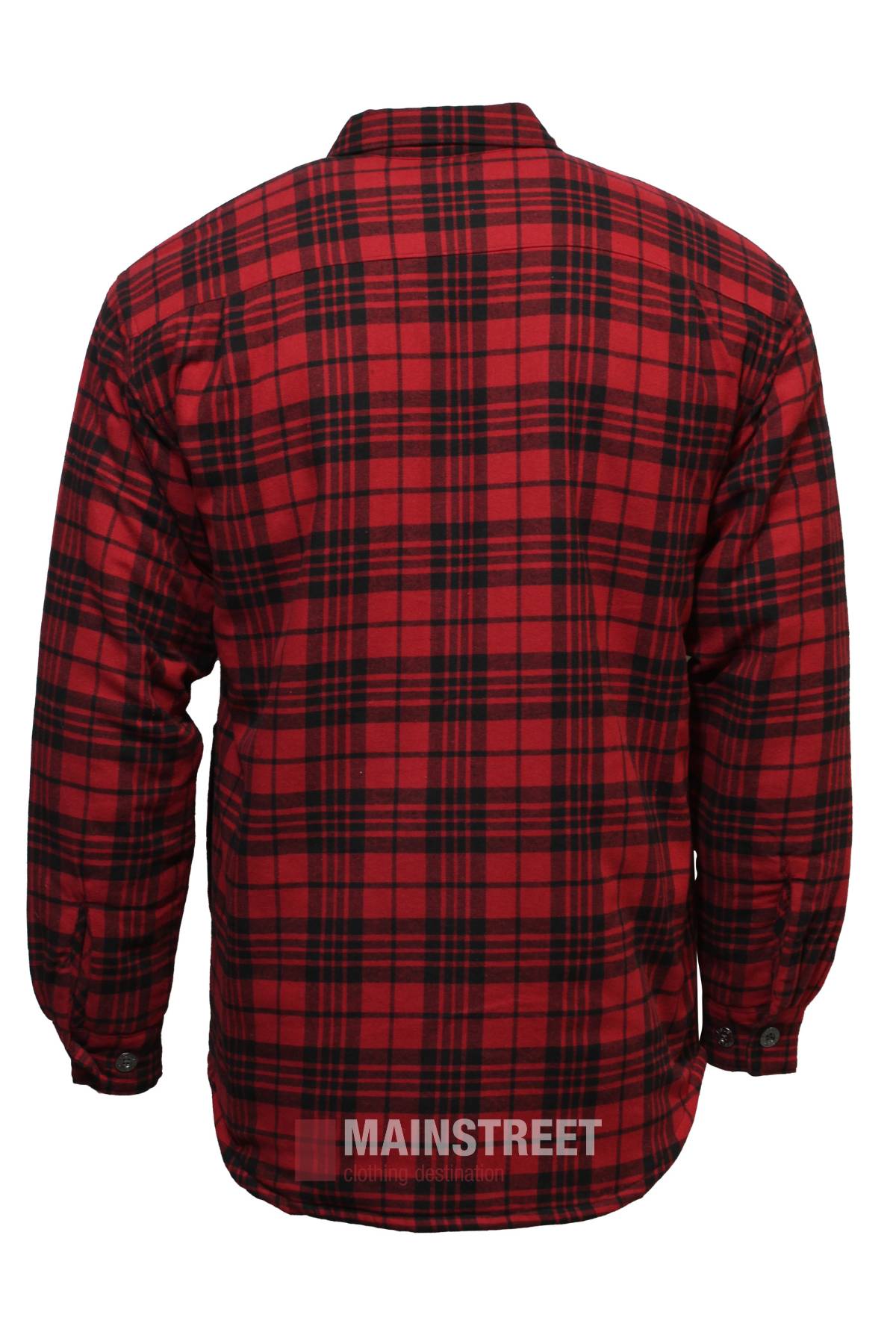 The Bisley Quilted Flannelette Shirt is a red and black plaid long-sleeve, shown from the back, featuring a classic check pattern in brushed cotton with buttoned cuffs and "MAINSTREET" faintly visible near the bottom hem.