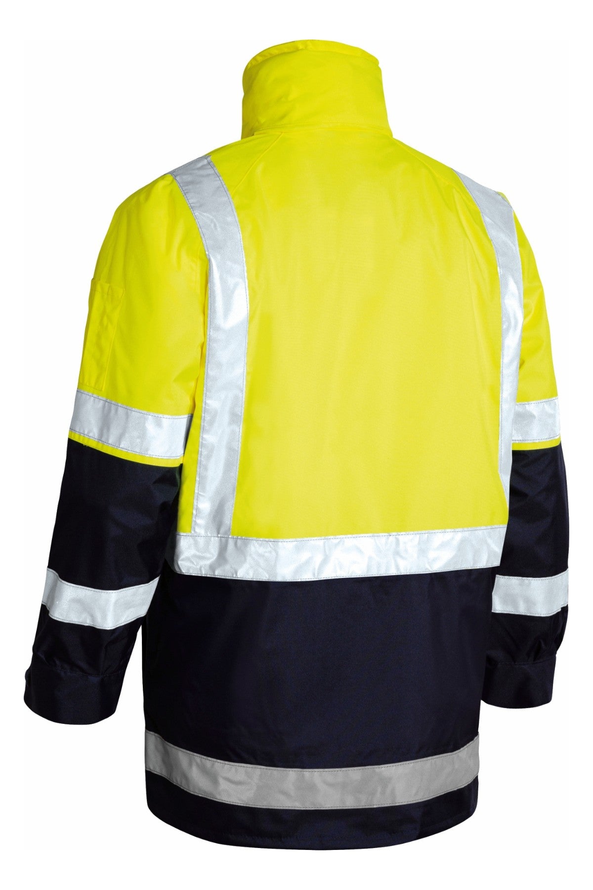 The Bisley Taped 5-IN-1 Hi Vis Jacket features a yellow upper and black lower section, silver reflective stripes on the back, arms, and hem, plus a high collar and long sleeves.