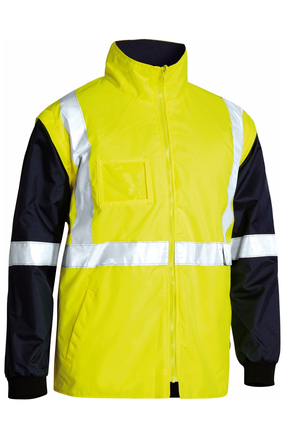 The Bisley Taped 5-IN-1 Hi Vis Jacket features bright yellow fabric, silver reflective tape on the chest, shoulders, and arms, black sleeves, a front zipper, and two front pockets to keep you visible and dry in wet conditions.