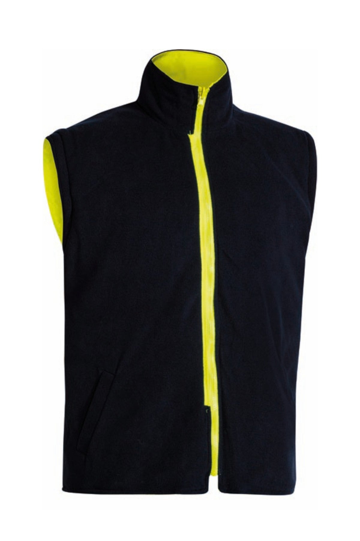 The Bisley Taped 5-IN-1 Hi Vis Jacket is a sleeveless black fleece vest with a bright yellow interior and zipper, two side pockets, and a standing collar, inspired by the classic Bisley jacket and shown on a plain white background.