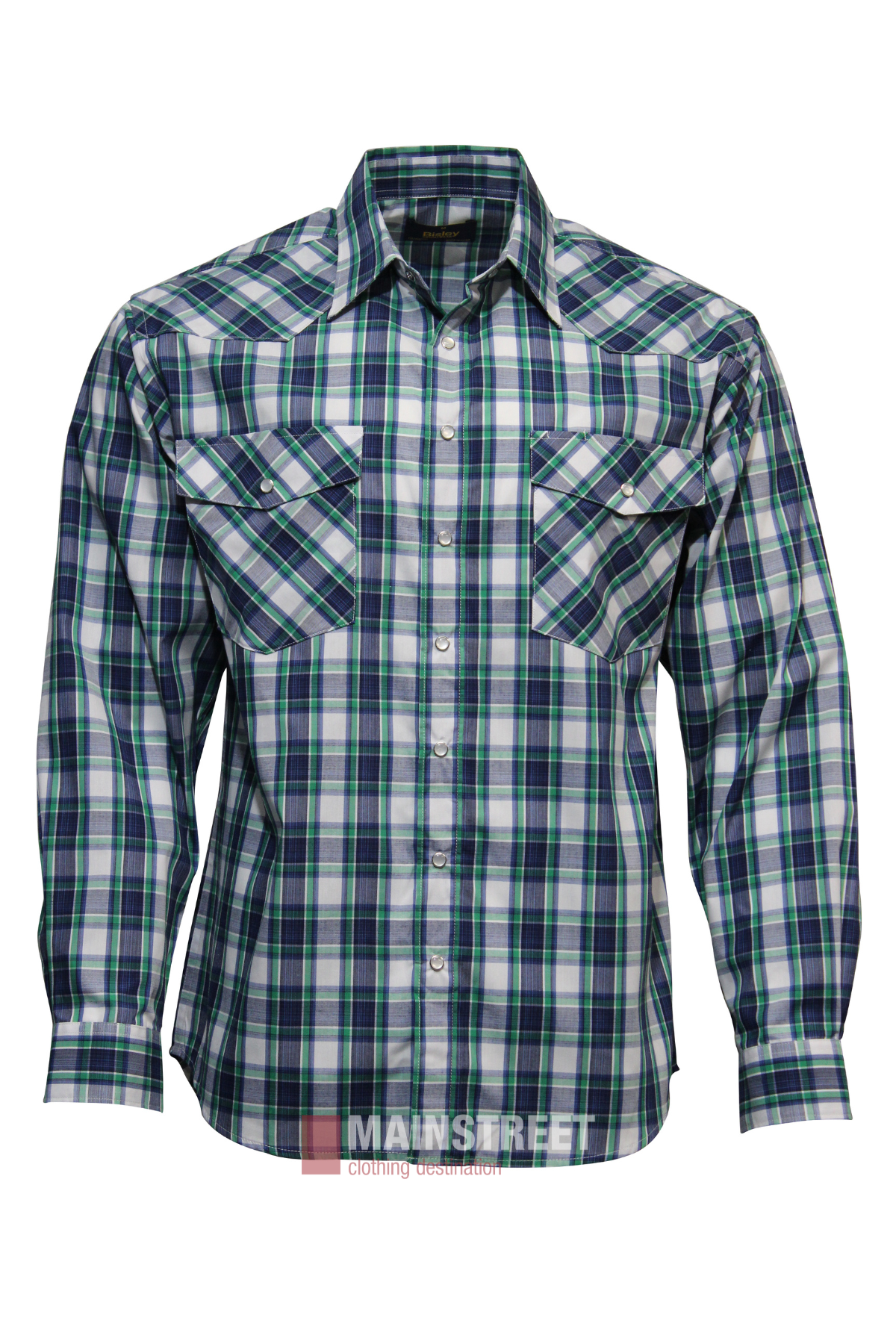 The Bisley Western Shirt is a durable long-sleeve, button-up plaid shirt in blue, green, and white with front chest pockets and buttoned cuffs. Made from a Polyester/Cotton blend. Displayed on a white background.