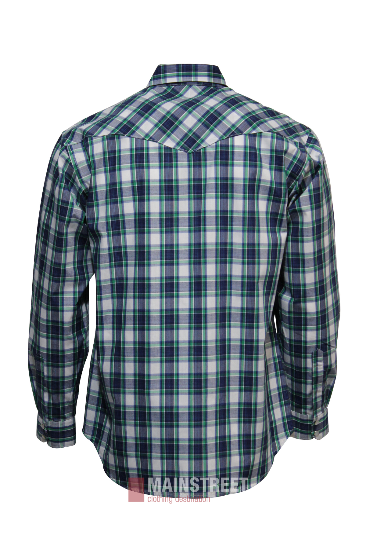 The Bisley Western Shirt is a long-sleeved button-up with a green, blue, and white plaid pattern shown from the back. Made from a comfy polyester/cotton blend, it features a shoulder yoke and Mainstreet Clothing branding at the hem.