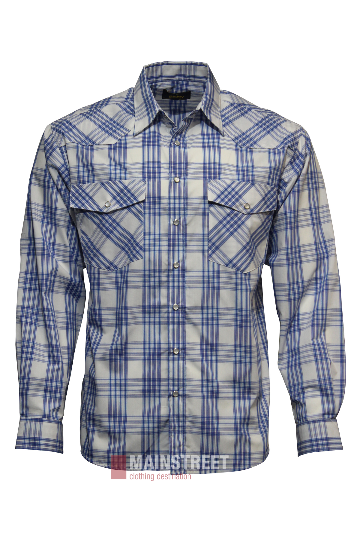 Blue and white plaid Bisley Western Shirt made from a durable polyester-cotton blend, with two chest pockets, pointed collar, and buttoned cuffs. Shown on a plain white background.