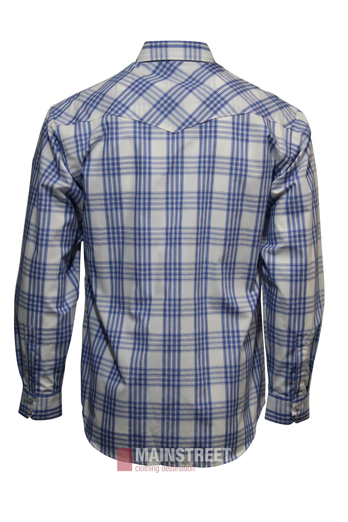 The Bisley Western Shirt is a blue and white plaid, long-sleeve button-up, shown from the back. Made of durable polyester cotton, it features a pointed collar and buttoned cuffs.