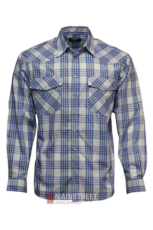 Blue and white plaid Bisley Western Shirt made from a durable polyester-cotton blend, with two chest pockets, pointed collar, and buttoned cuffs. Shown on a plain white background.