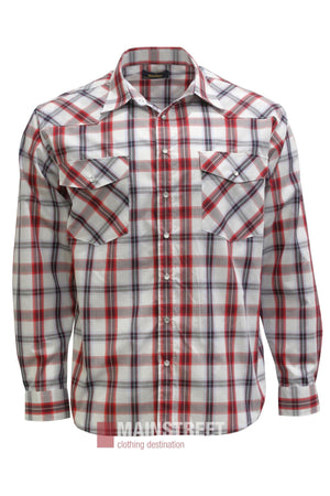 Showcased against a plain white background, the Bisley Western Shirt features a red, white, and blue plaid pattern, long sleeves, two chest pockets, and a pointed collar. It is crafted from a comfortable polyester/cotton blend.