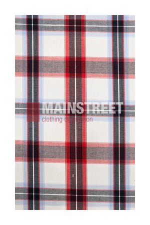 Inspired by classic Western Shirt designs, the Bisley Western Shirt features a red, black, blue, and white plaid fabric pattern with “MAINSTREET clothing co.” printed across the center in bold white and red font. It is crafted from a durable polyester/cotton blend for reliable quality reminiscent of Bisley standards.