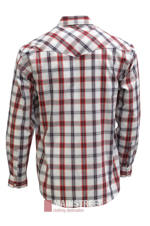 Back view of the Bisley Western Shirt, a long-sleeve, button-up Western style featuring a red, white, and navy blue plaid pattern. This shirt is designed with a collar, buttoned cuffs, and is made from a comfortable Polyester/Cotton blend.