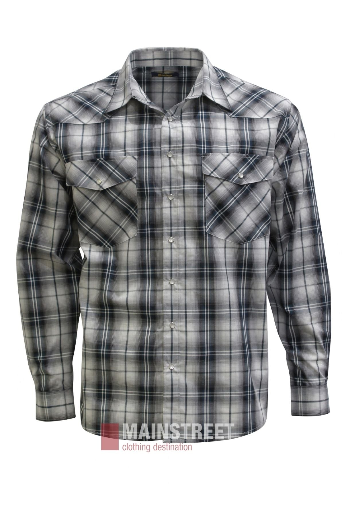The Bisley Western Shirt is a long-sleeve, button-up plaid shirt in black, white, and gray tones with two buttoned chest pockets, shown against a white background.