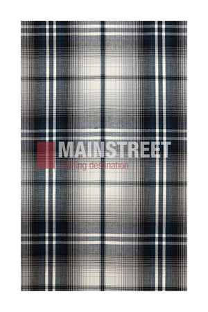 Dark blue, black, and white plaid pattern background with the words “Bisley Western Shirt” printed in large bold letters across the center, evoking the timeless look of a classic Western Shirt crafted from a durable polyester cotton blend.