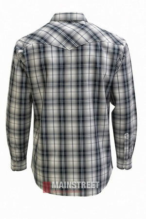 Back view of the Bisley Western Shirt, a long-sleeve button-up in black, white, and gray plaid on a white background. Features buttoned chest pockets with the “MAINSTREET” text faintly visible at the bottom.