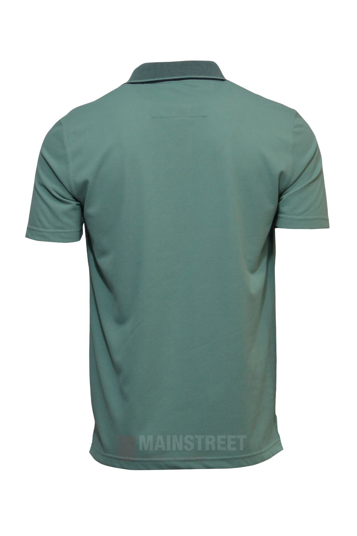 The Blue Horizon Plain Polo is a teal, short-sleeved shirt with a collar and straight hem. Shown from the back, this casual polyester-cotton polo combines comfort and style in a versatile design.