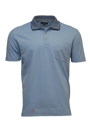 The Blue Horizon Plain Polo is a light blue short-sleeve shirt with a collar, three-button placket, and chest pocket, made from a comfy Polyester/Cotton blend and shown on a plain white background.